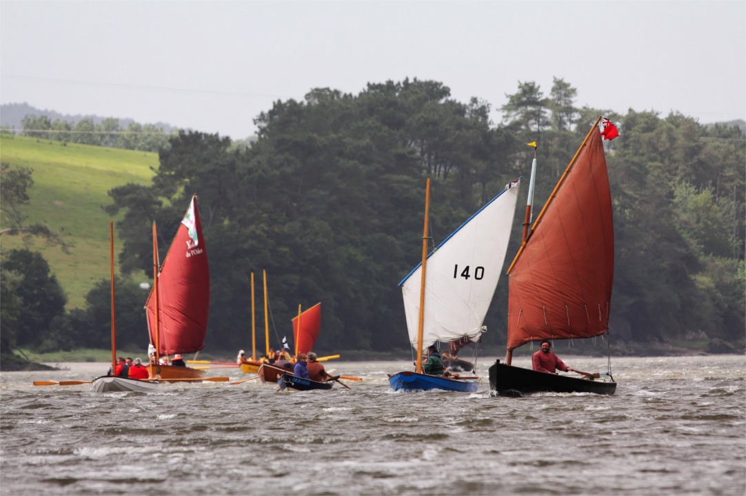 Encore une vue de la flottille, qui se partage entre la voile et l'aviron, selon l'embarcation et l'ambition du skipper et de l'équipage. 